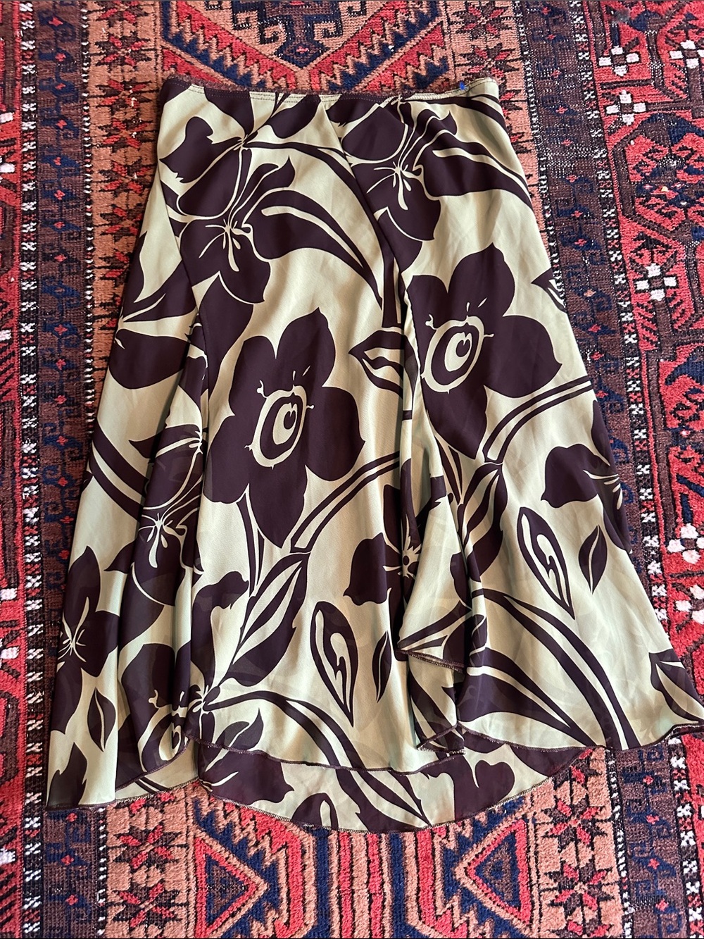 Vintage Olive Green and Dark Brown Floral High-Low Skirt